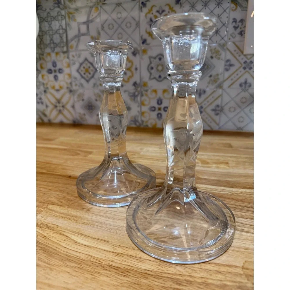 Vintage Etched Crystal Glass Candlestick Holders Pair Floral Wheat Pattern 7in